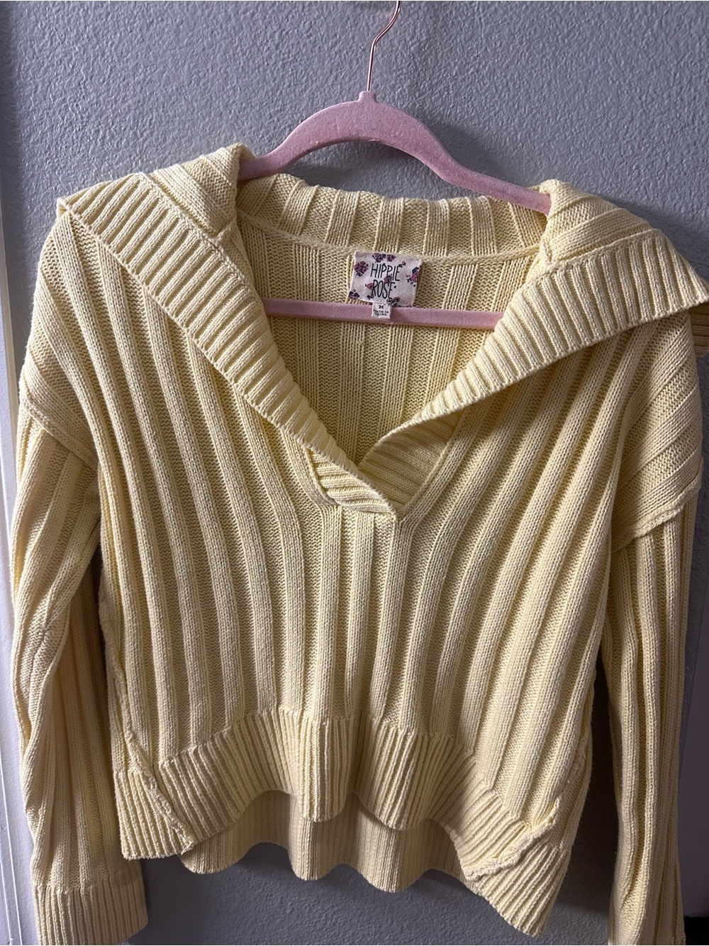 Hippie Rose Pale Yellow Ribbed V-Neck Sweater